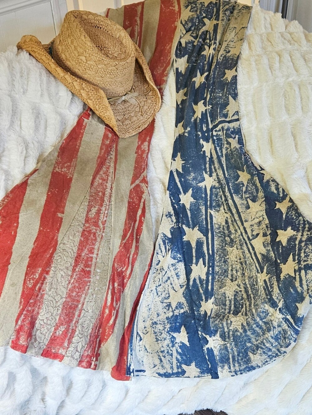 American Flag Print Lacy Flare Pants in Red White And Blue